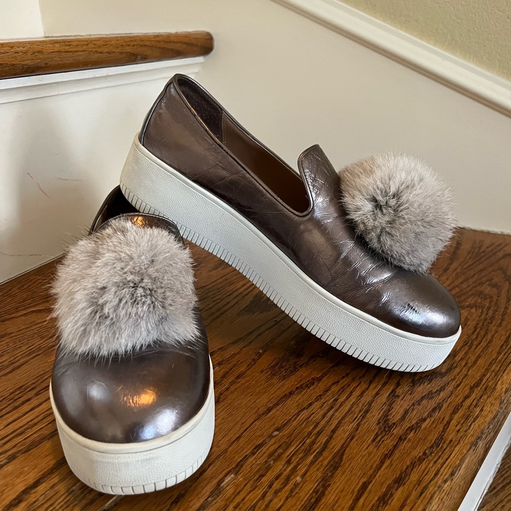 Paolo metallic with fur pom pom platform slip on shoe